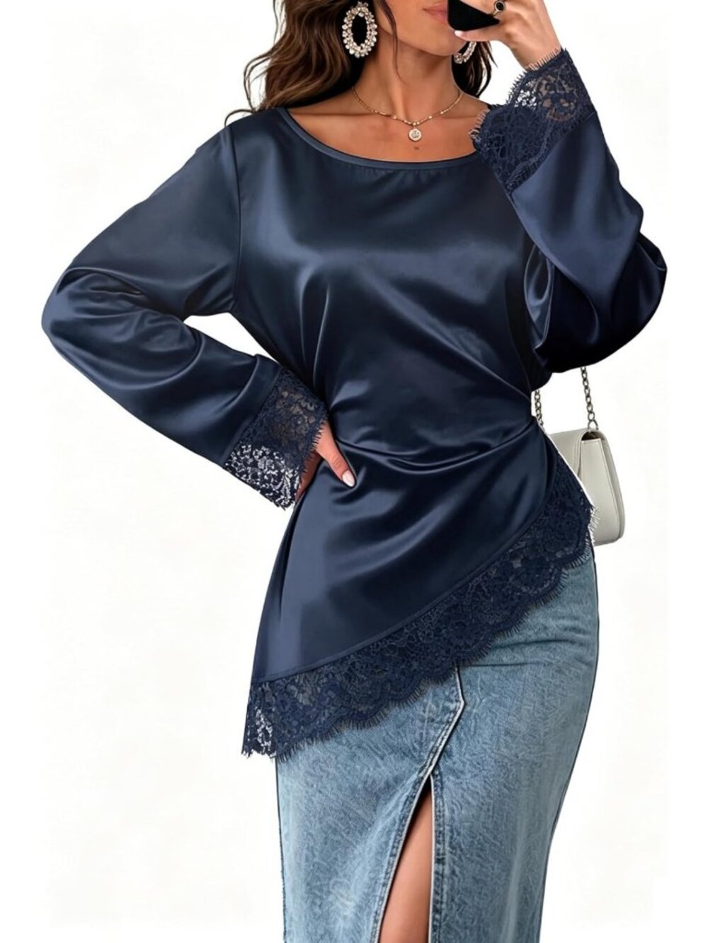 Chic Asymmetrical Lace Satin Blouse with Belt | Long Sleeve Women's Top